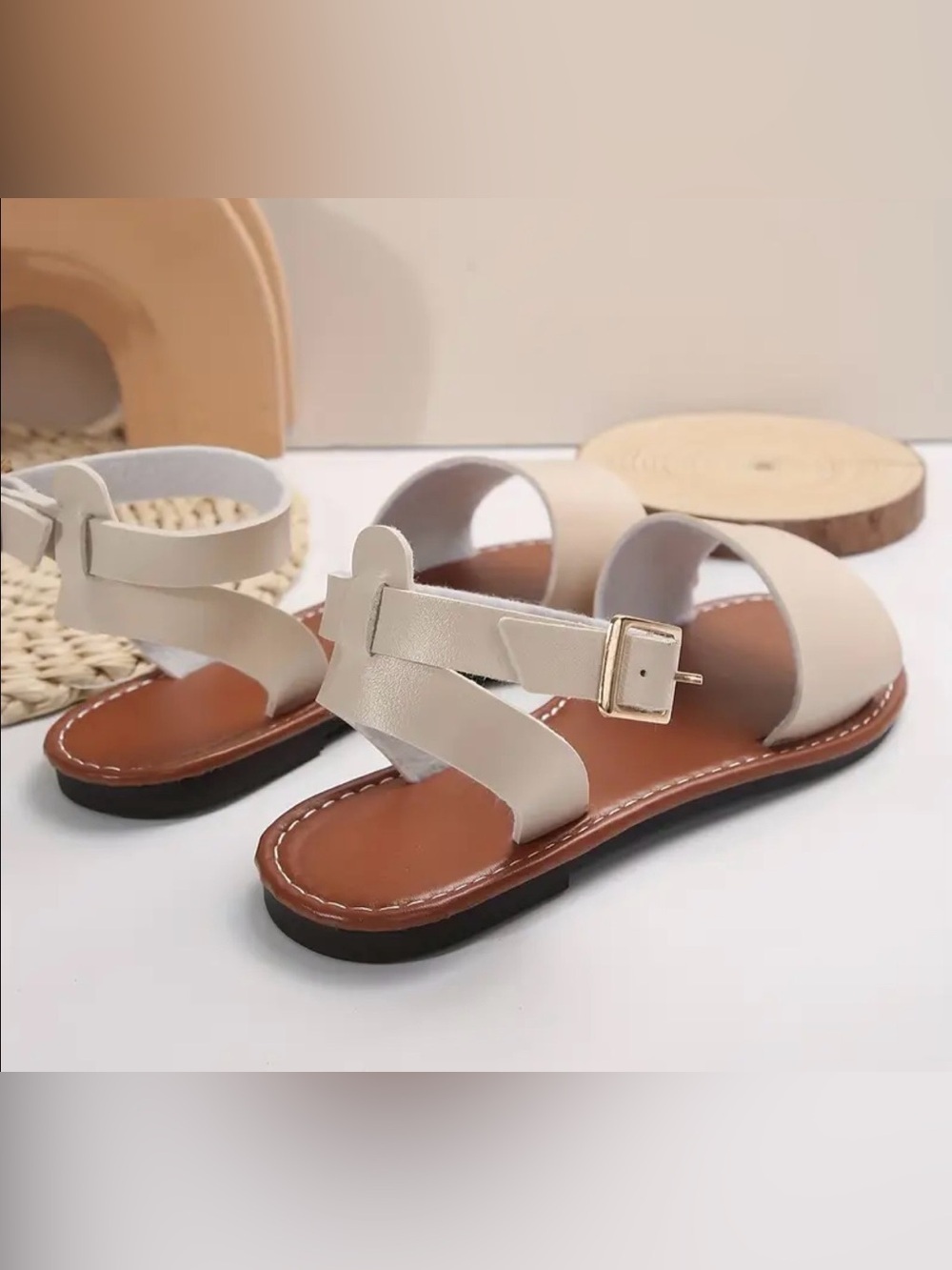 Neutral Beige Women’s Strappy Ankle Buckle Sandals